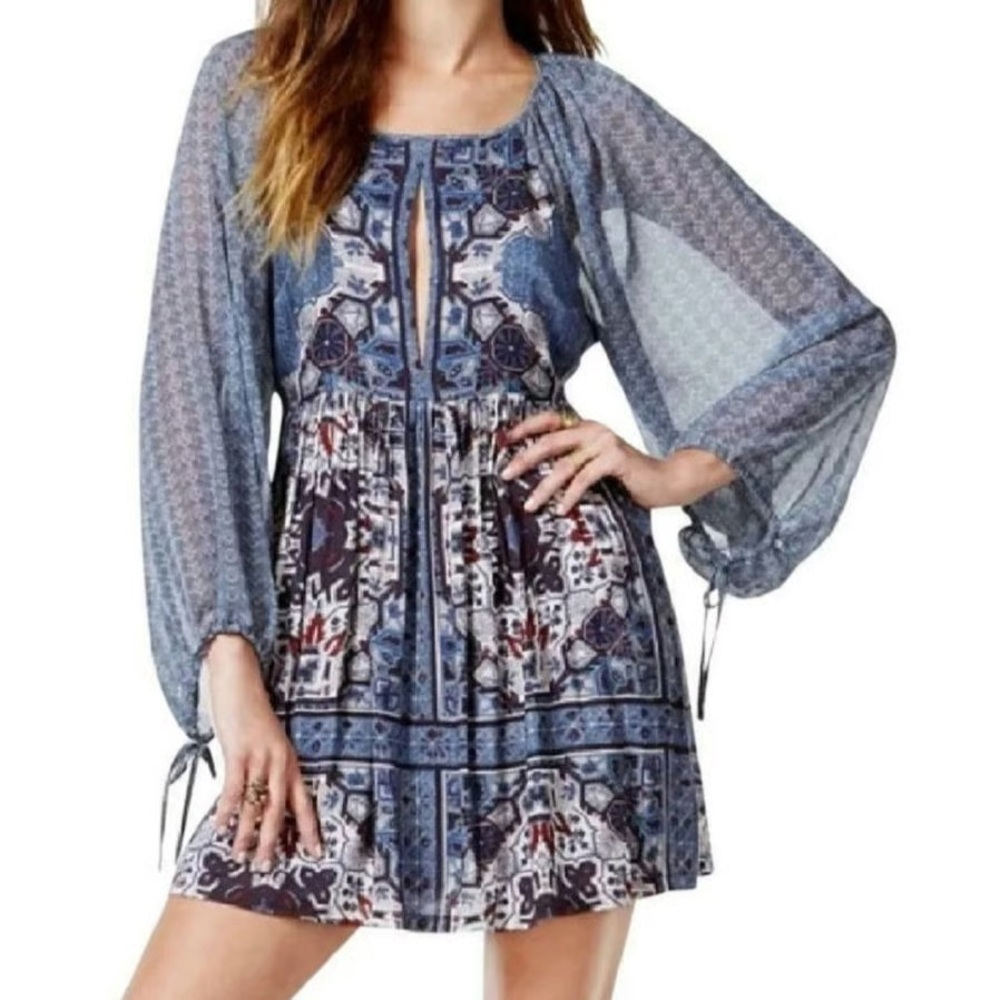 Free People Oksana Mosaic Mini Dress Blue Folk Boho Poet Sleeve Festival Folk